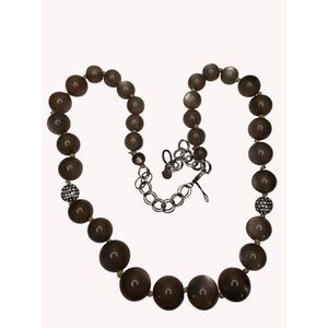 Talbots Pave Rhinestone & Cats Eye Necklace Silver Gray 34" Long Large Beads NEW